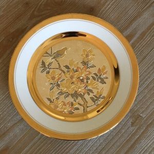 LAL plate. Chokin style art. Copper, gold, silver art engraved. Bird on tree.